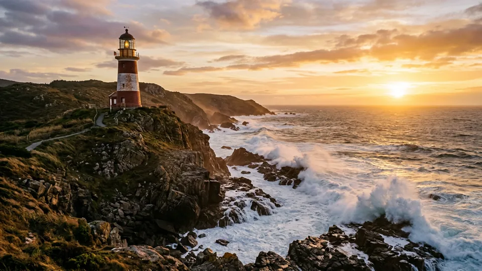 A lighthouse at golden hour with waves breaking, generated by Gemini 3.1 Flash Image