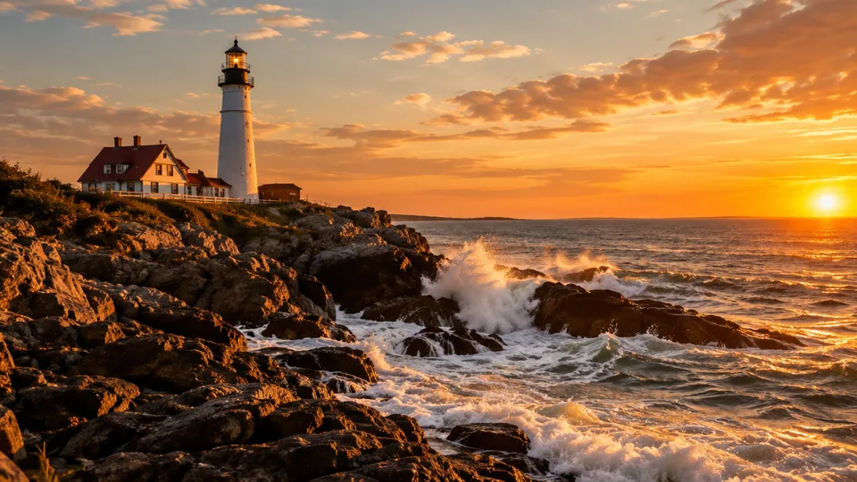 A lighthouse at golden hour with waves breaking, generated by GPT Image 2.5 Flare