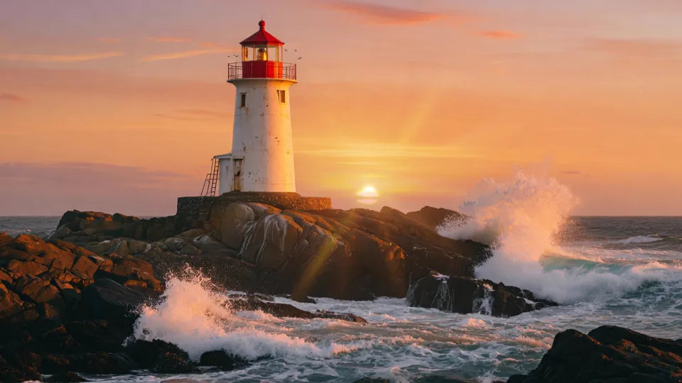 A lighthouse at golden hour with waves breaking, generated by Grok Imagine Image