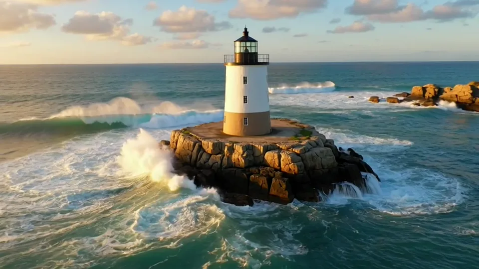 A lighthouse on a rocky coast at golden hour, generated by Grok Imagine Video