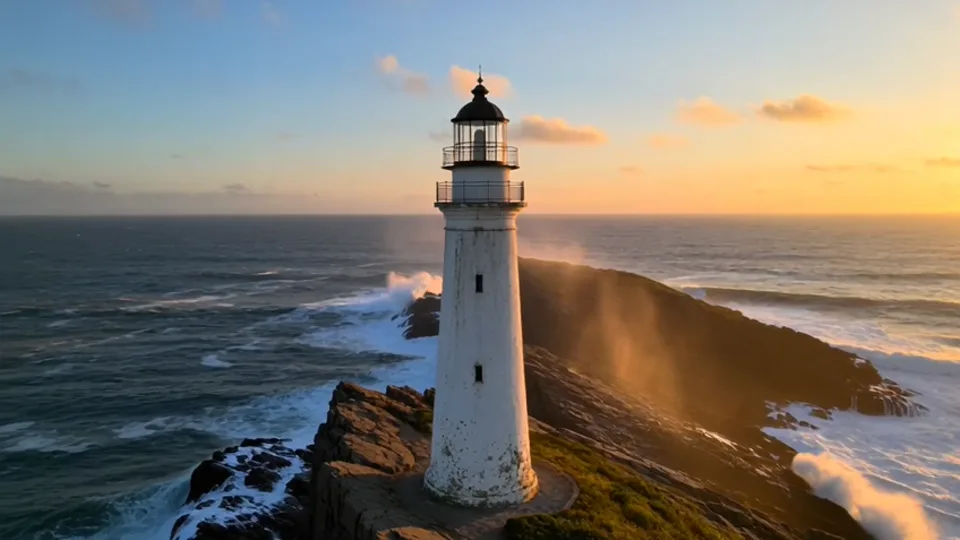 A lighthouse on a rocky coast at golden hour, generated by HappyHorse 1.1