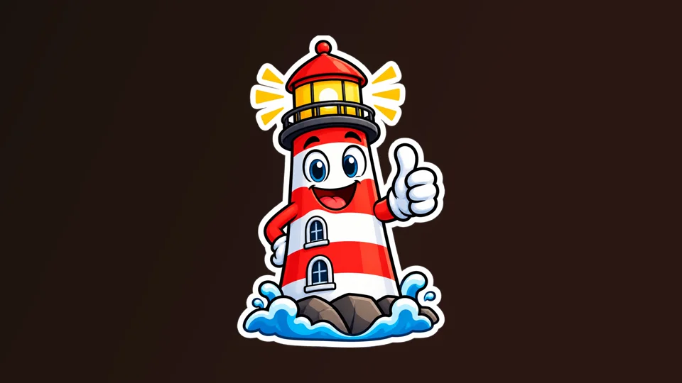A cartoon lighthouse sticker giving a thumbs up, with a transparent background