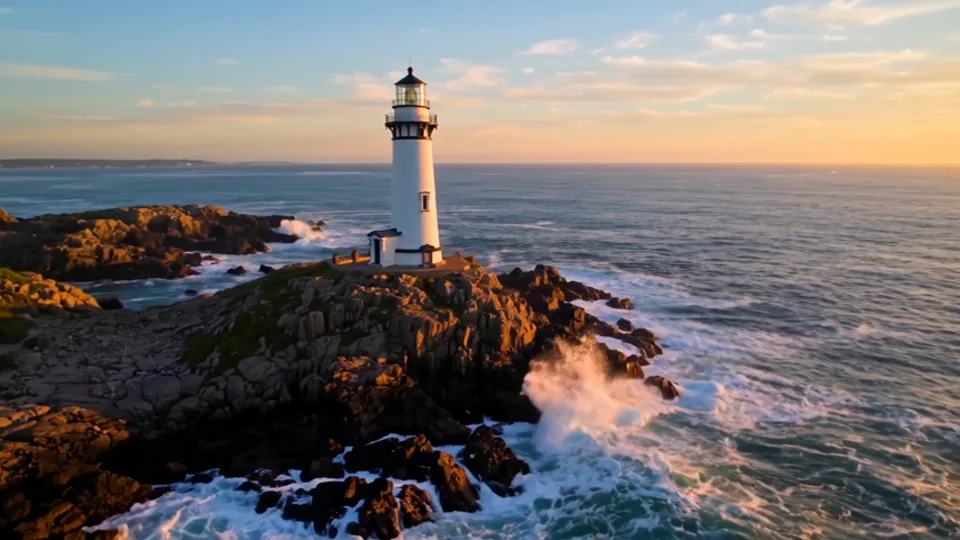 A lighthouse on a rocky coast at golden hour, generated by Wan 3.0
